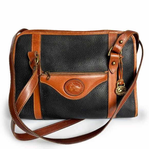 Vintage Dooney & Bourke Shoulder Bag Black All Weather Leather Tan Trim … - Picture 1 of 10
